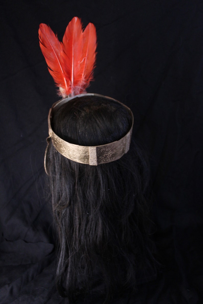 May include: A black wig with a gold headband and three red feathers on top.