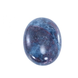 May include: A smooth, polished blue and purple gemstone with a swirling pattern. The stone is oval shaped and has a glossy finish.