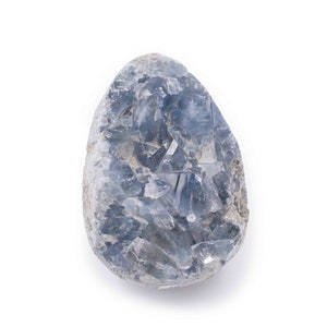 May include: A blue celestite crystal cluster with a rough, natural surface. The crystal is a light blue color and has a variety of shapes and sizes.