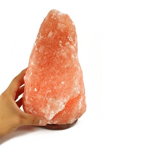 May include: A large, pink Himalayan salt lamp with a wooden base. The salt lamp is irregularly shaped and has a rough, textured surface.