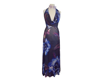 Purple Flower Backless Halter Maxi Scoop Neck Dress