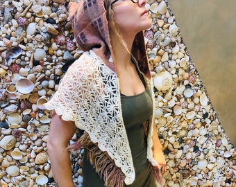 Crocheted Shawl with Fringe and Wool Hood