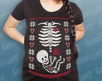 Suéter navideño feo Maternidad Skelly Baby® Camiseta esqueleto para revelación y anuncio del embarazo