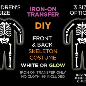 Pode incluir: Transferência de ferro DIY de fantasia de esqueleto para crianças. O design apresenta um esqueleto branco sobre um fundo preto, disponível em opções brancas ou que brilham no escuro. Inclui designs frontais e traseiros, com três opções de tamanho para bebês, crianças pequenas e crianças.
