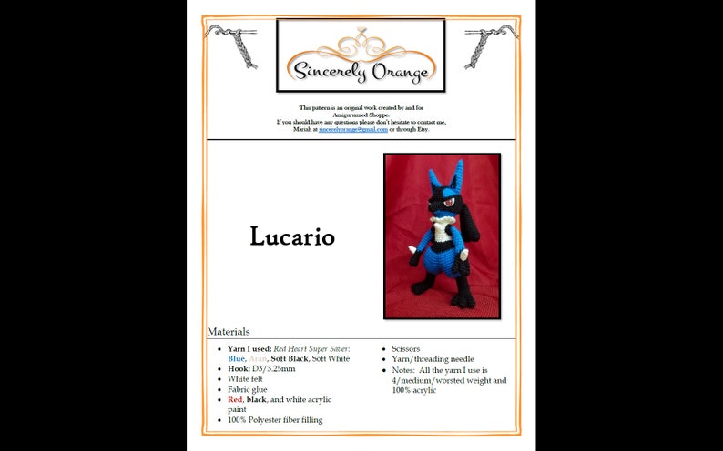 Puede incluir: Patr&oacute;n de crochet para un amigurumi Pok&eacute;mon Lucario. El patr&oacute;n incluye instrucciones para usar hilo azul, negro y blanco, un gancho de crochet de 3,25 mm, pegamento para tela y pintura acr&iacute;lica. El patr&oacute;n tambi&eacute;n incluye una lista de los materiales necesarios para el proyecto.