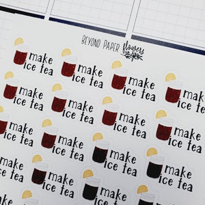 May include: A sheet of stickers with a variety of designs featuring a glass of iced tea with a lemon wedge and the text "make ice tea". The stickers are white with black text and a red and brown illustration of the iced tea.