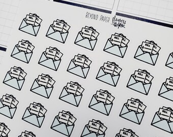 May include: A sheet of stickers featuring multiple light blue envelopes with black outlines. Each envelope contains three white bills with the word "BILL" written on them. The text "BEYOND PAPER flowers" is printed at the top of the sheet.