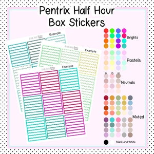 May include: A set of 30 half-hour box stickers in various colors and patterns. The stickers are labeled "Example" and come in a variety of colors, including gray, yellow, pink, teal, and red. The colors are organized into categories: Brights, Pastels, Neutrals, Muted, and Black and White.