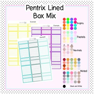 May include: Three example sheets of lined paper with boxes, each in a different color: yellow, teal, and purple. The paper is labeled "Pentrix Lined Box Mix". A color chart shows different color options for the boxes, including brights, pastels, neutrals, muted, and black and white.