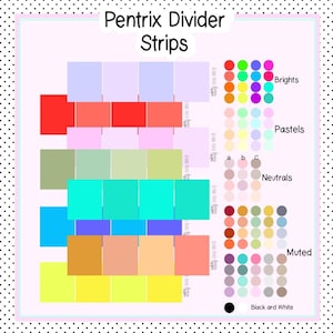 May include: A chart showing different color palettes for a planner or bullet journal. The palettes are labeled "Brights", "Pastels", "Neutrals", "Muted", and "Black and White".