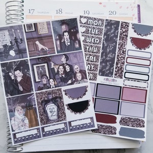 May include: A set of printable planner stickers featuring characters from the Addams Family. The stickers are in a dark color scheme with glitter accents. The stickers include images of the Addams Family members, the Addams Family house, and other Addams Family-themed items. The stickers are designed to be used in a planner or journal.