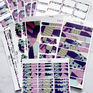 May include: A set of printable planner stickers featuring a patchwork design in shades of purple, pink, blue, and green. The stickers include various sizes and shapes of boxes, banners, and labels. The text "BEYOND PAPER" is printed on the stickers.