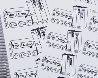 May include: Black and white printable stickers featuring a stack of books with the words "Started" and "Ended" on the spines. The stickers also include a space for the title and author of the book, as well as a rating system with five stars.