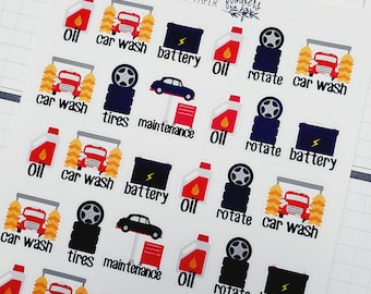 May include: A set of 10 car maintenance reminder stickers. The stickers feature a variety of car-related icons, including a car wash, oil change, tire rotation, battery check, and maintenance. The stickers are printed on white paper with a glossy finish.