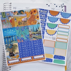 May include: A set of planner stickers featuring a blue and white starry night scene, a sunflower field, and a still life with a vase of flowers. The stickers also include a blue glitter background, a set of days of the week, and a set of blank boxes with a blue and white border.