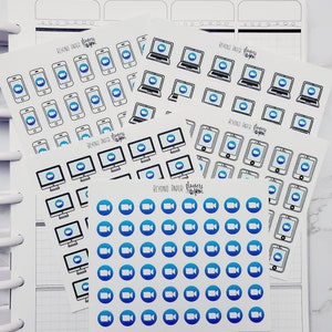 May include: A set of four sheets of stickers featuring various blue and white icons of a laptop, phone, and a video camera. The stickers are on a white background with the text "Beyond Paper" and a flower logo.