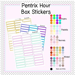 May include: Four sheets of box stickers with different colored borders. The stickers are blank and have a dashed line around the edge. The colors are gold, purple, pink, and blue. There is a color chart with 10 different color palettes: Brights, Pastels, Neutrals, Muted, and Black and White.