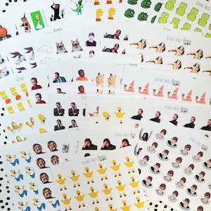 May include: A collection of 12 sheets of stickers featuring various internet memes and pop culture references. The stickers are printed on white paper and feature a variety of colors and designs. Some of the stickers include images of Homer Simpson, SpongeBob SquarePants, Kermit the Frog, and the 'Drakeposting' meme.