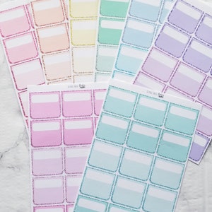 May include: Six sheets of colorful glitter label stickers with rounded corners. Each sheet has 12 labels with a white background and a glittery border. The colors are pink, yellow, green, blue, light blue, and purple.
