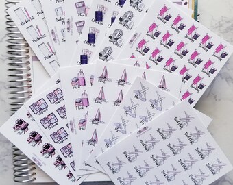 May include: A set of stickers featuring various travel-themed illustrations. The stickers are printed on white sheets and feature images of suitcases, airplanes, boats, hotels, and laundry baskets. The stickers are perfect for adding a touch of personality to planners, journals, and other items.