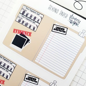 May include: Two brown paper folders with white lined paper inside. The folders have black and white stickers on them. One sticker says "Evidence" with a red stamp and a black and white photo. The other sticker says "Under Investigation" in black text on a white background. The folders have a black and white clip on the top right corner.