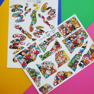 May include: Two sheets of white paper with colorful 80s cartoon character stickers. The stickers feature characters like Care Bears, Teenage Mutant Ninja Turtles, and Smurfs. The text on the sheets reads "Beyond Paper" and "Totally 80s".