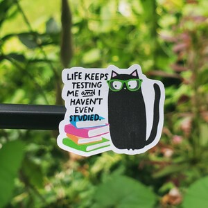 May include: A sticker featuring a black cat wearing green glasses, leaning against a stack of colorful books. The sticker has the text: "LIFE KEEPS TESTING ME and I HAVEN'T EVEN STUDIED."