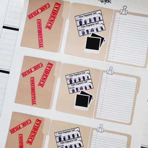 May include: Three brown file folders with red labels that say "EVIDENCE", "CASE FILES", and "CONFIDENTIAL". Each folder has a white card with the text "Police Fingerprint Card" and a black and white image of fingerprints. Each folder also has a black and white photo frame.