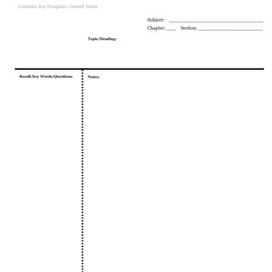 May include: A black and white Cornell note-taking template with headings for Subject, Chapter, Section, Topic/Heading, Recall/Key Words/Questions, Notes, and Summary.