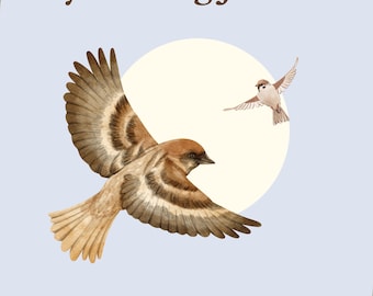 May include: A light blue journal cover with the text "My Birding Journal" in brown text. The cover features a watercolor illustration of two brown birds in flight against a white circle.