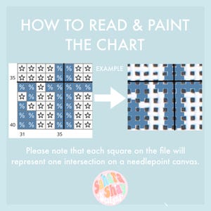 May include: A light blue graphic with text that reads "HOW TO READ & PAINT THE CHART." The image includes a chart with symbols and an example of a needlepoint canvas. The text also says "Please note that each square on the file will represent one intersection on a needlepoint canvas."