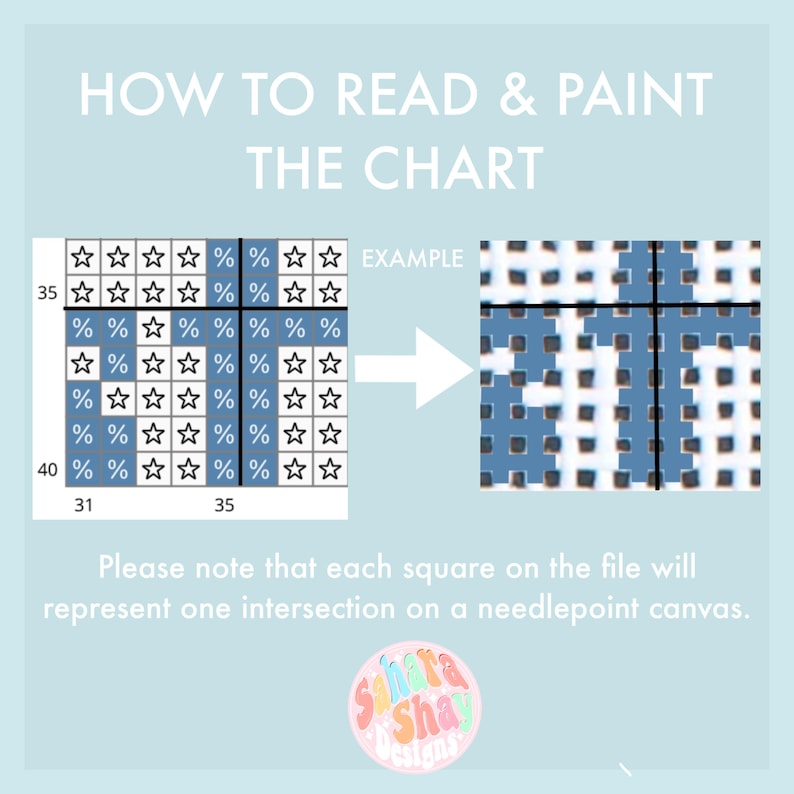 May include: A light blue graphic with text that reads "HOW TO READ & PAINT THE CHART." The image includes a chart with symbols and an example of a needlepoint canvas. The text also says "Please note that each square on the file will represent one intersection on a needlepoint canvas."