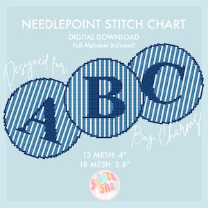 May include: A needlepoint stitch chart digital download featuring circular designs with the letters A, B, and C in dark blue against a white and blue striped background. Text includes "NEEDLEPOINT STITCH CHART", "13 MESH: 4"", and "18 MESH: 2.8" ".