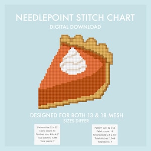 Op de afbeelding: Een digitaal needlepoint patroon met een gepixelde oranje pompoentaartpunt met een witte toef slagroom. De tekst bevat NEEDLEPOINT STITCH CHART, DIGITAL DOWNLOAD, DESIGNED FOR BOTH 13 & 18 MESH en diverse afmetingen in inches.