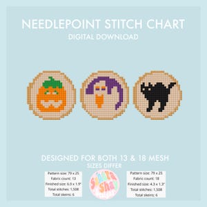 Puede incluir: Gráfico digital de punto de cruz con tres diseños de Halloween: una calabaza, una bruja y un gato negro. El gráfico está diseñado para tamaños de malla 13 y 18. Los tamaños finales son 15,2 x 4,8 cm y 10,9 x 3,3 cm.