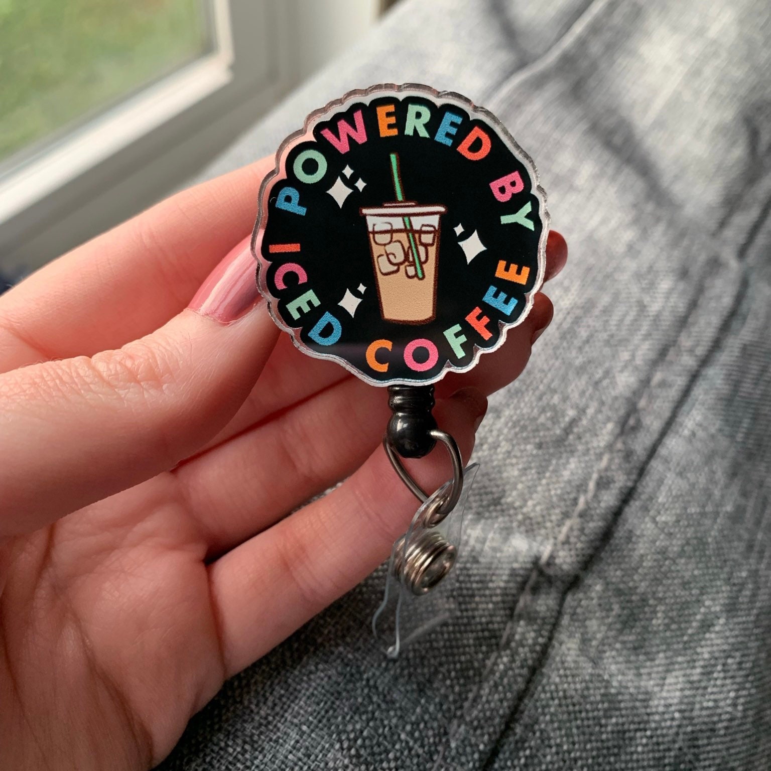 ERHACHAIJIA Hello I Am Fueled by Iced Coffee Retractable Gold Glitter Badge Reel with Clip, Funny Rainbow ID Card Badge Holder Gift for Nurses