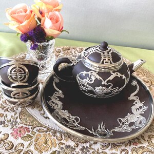 Vintage Chinese Tea set. Black Sand Pottery, Silver Tin overlay.
