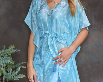 Aquamarine Blue Silk Embroidered Kaftan Tunic