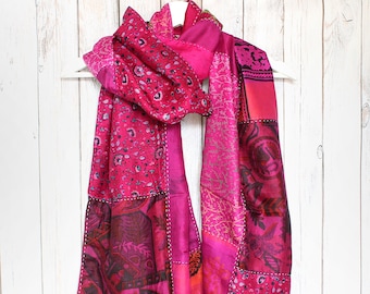 Pink Silk Scarf, Kantha Hand stitched Scarf, Recycled Silk Scarf, Reversible silk scarf, Ladies silk scarf, silk scarf, ethical, handmade