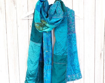 Teal Silk Scarf, Kantha Hand stitched Scarf, Recycled Silk Scarf, Reversible silk scarf, Ladies silk scarf, silk scarf, ethical, handmade