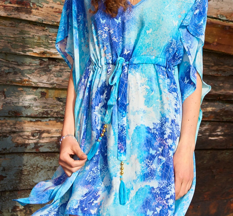 Silk Kaftan Watercolour Print Silk Dress Kaftan for women Luxury Kaftan Blue Silk Kaftan Dress