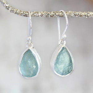Aquamarine Gemstone Sterling Silver Earrings, Aquamarine Earrings, Aquamarine Jewelry, March Birthstone Earrings, Raw Stone Earrings