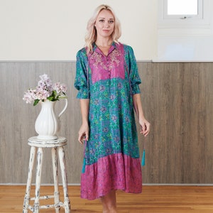 Embroidered Turquoise Silk Sari Dress: Recycled Boho Midi Dress
