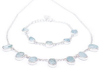 Handmade Aquamarine Gemstone Ladies Necklace And Bracelet Sterling Silver Jewellery Set