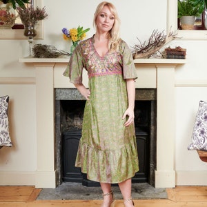 Green Silk Print Dress 24, Vintage Silk Dress, Recycled Silk Dress, Embroidered Dress, Silk Sari Dress, Artisan Silk Dress, Boho Dress
