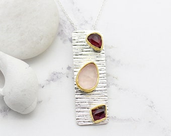 Garnet & Rose Quartz Gemstone Pendant, Garnet Silver Pendant, Textured Silver Pendant, Rhodolite Necklace, Rose Quartz Necklace, Garnet