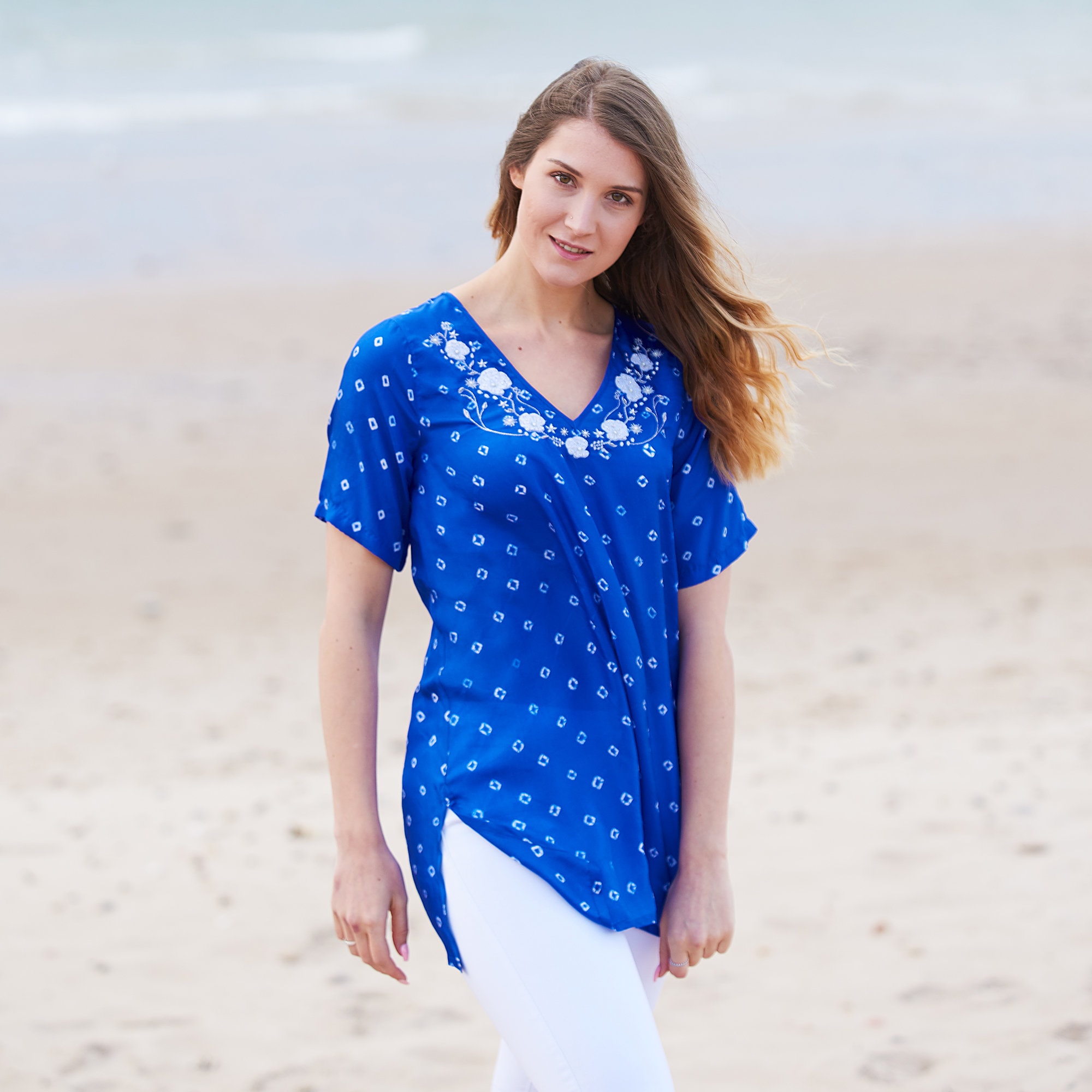 Image of Blue Silk Embroidered Ladies Tunic Top