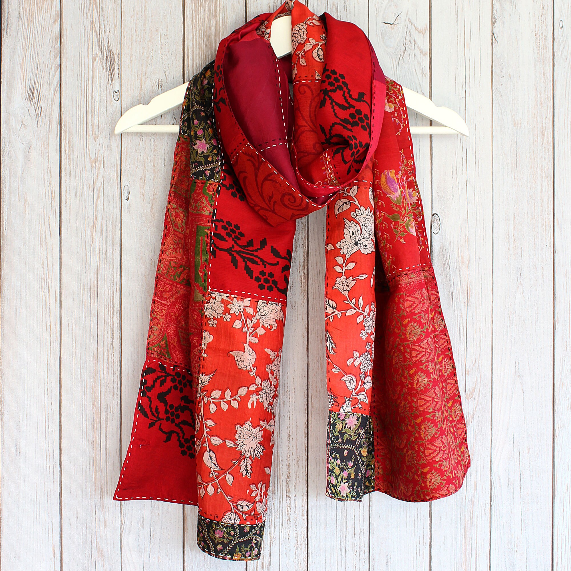 Red Silk Scarf Kantha Hand stitched Scarf Recycled Silk Etsy