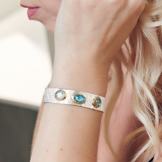 Aquamarine Gemstone Cuff Aquamarine Bracelet Kyanite Silver Bracelet Designer Bracelet Gemstone Cuff March Birthstone