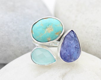 Tanzanite, Turquoise & Aqua Chalcedony Silver Ring